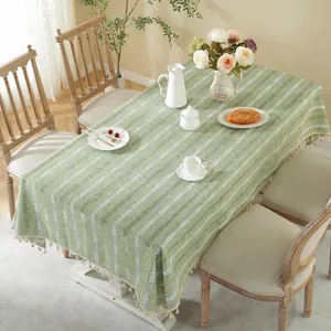 Green striped tablecloth with chain jacquard patterns and elegant tassel fringe edges