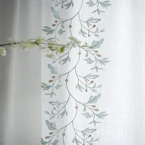 Green vine floral embroidery on white linen cotton semi-blackout curtains with tassels