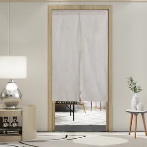 Detail of light beige Japanese-style door curtain with linen texture and elegant fringe