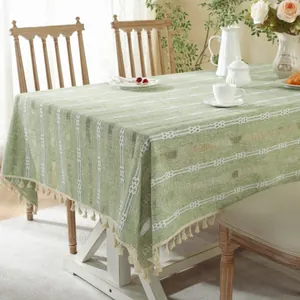 French style light green jacquard tablecloth with white stripes and elegant tassel fringe