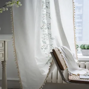Ivory cotton linen curtain with green floral embroidery and beige tassel trim for home