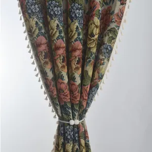 Vintage jacquard curtains with rose patterns and fringe tassels for living rooms