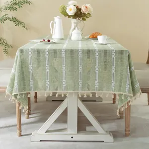 French style rectangular light green jacquard tablecloth with elegant tassels and stripes
