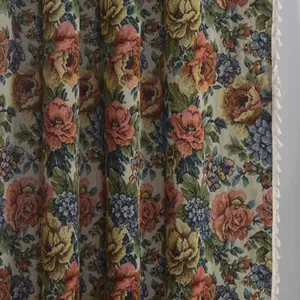 Vintage jacquard curtains with large roses, floral patterns and elegant white tassel trim