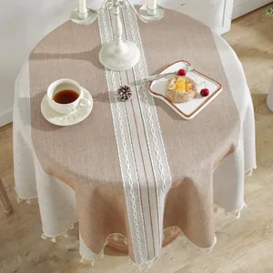 Detailed view of green jacquard round tablecloth featuring hollow out tassels and woven textures