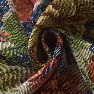 Close-up of vintage floral jacquard fabric with detailed rose pattern and woven texture