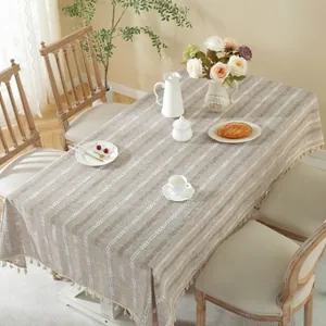 French style jacquard tablecloth with beige stripes and fringe tassels for dining decor