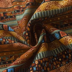 Detail of bohemian cotton linen fabric with bronzing stripes and ethnic floral texture