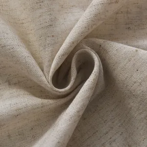 Macro detail of natural oatmeal linen fabric texture with rustic plain weave structure
