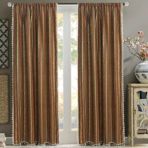 Bohemian Ethnic Style Cotton Linen Curtains Gold Stamping Stripe Patterns With White Tassels Semi Blackout Window Drapes For Living Room Bedroom Homestay Decor