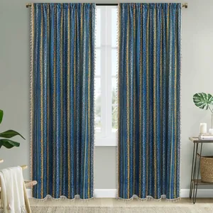 Bohemian cotton linen curtains with colorful stripes and fringe tassels for living room