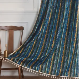 Bohemian cotton linen curtain with vertical gold foil stripes and white tassel fringe