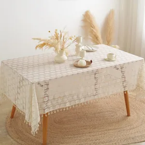 Bohemian beige lace tablecloth with geometric patterns and fringe tassels for weddings