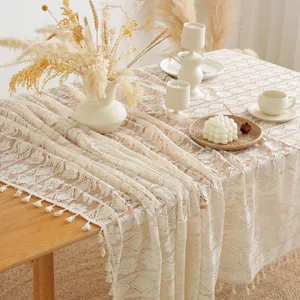 Elegant beige hollow lace tablecloth with tassels for wedding and home table decor