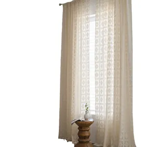 Tende all'uncinetto in cotone color crema stile rustico con motivi geometrici a rombi traforati
