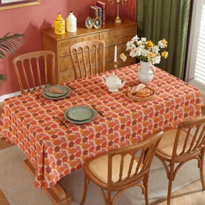 Detail of autumn maple leaf print tablecloth featuring rich warm tones on durable fabric