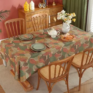 Vintage rectangle tablecloth with autumn maple leaf prints and heavy linen texture