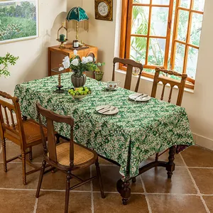 Vintage American Pastoral Tablecloth Polyester Cotton Blend Jacquard Bird Floral Geometric Pattern Tassels Rectangular Dustproof Decorative Cover