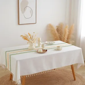 Nordic Cotton Linen Blend Tablecloth With Tassels Embroidered Floral Leaf Pattern Rectangular Square Dining Table Cover For Home Decor