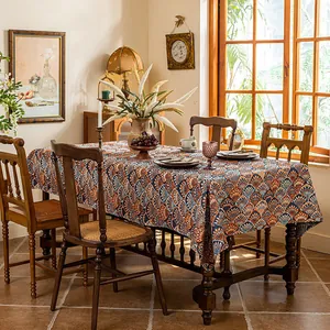 Retro jacquard rectangle tablecloth with blue and orange shell pattern for home dining