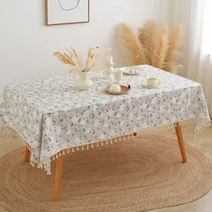 Nordic cotton linen tablecloth with white dandelion floral print and tassel edges