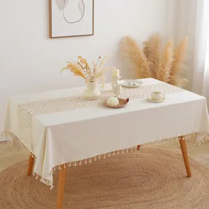 Bohemian cream cotton linen tablecloth with crochet lace and tassel fringe for dining decor