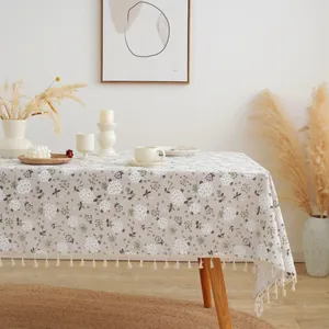 Rustic beige cotton linen tablecloth with dandelion floral patterns and tassel edges