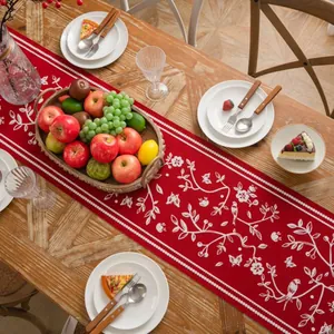 Detail of red Christmas table runner with white jacquard floral and bird patterns
