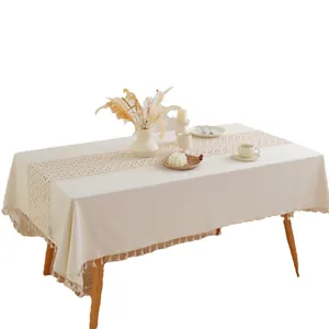 Linen cotton tablecloth with central lace hollow carving and tassel fringe edges