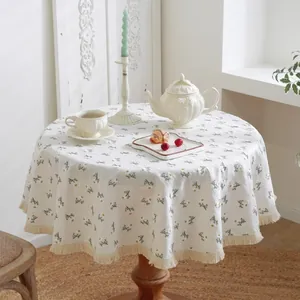 Pastoral Cotton Linen Embroidered Daisy Round Tablecloth With Tassel Edge Floral Dining Table Cover For Home Kitchen Decor