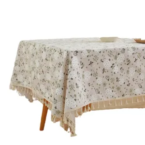 Minimalist white dandelion cotton linen tablecloth with fringe edges and floral print