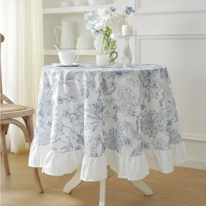 French style floral cotton tablecloth with blue embroidery and ruffled lace hem