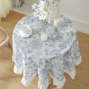 French style cotton round tablecloth with blue floral embroidery and ruffle edges