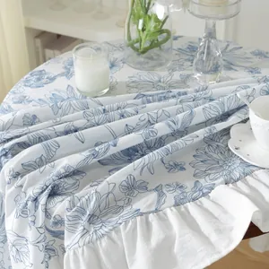 French style floral cotton tablecloth with blue porcelain embroidery and ruffled edges