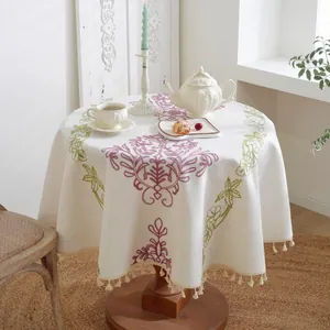Mantel redondo nórdico con bordado floral barroco y flecos de borlas en beige