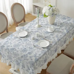 French blue floral cotton tablecloth with elegant ruffled edges for dining decor