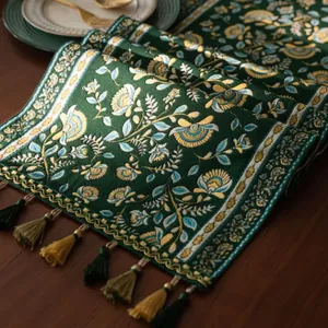 Detail van vintage zonnebloem jacquard tafelloper met decoratieve groen-gouden kwastjes