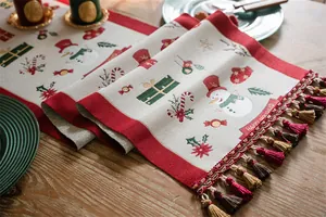 Close-up of Happy Holidays jacquard pattern and festive snowman embroidery on table runner