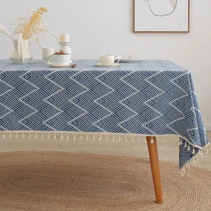 Blue and white wave pattern tablecloth with white tassels for rectangular dining tables