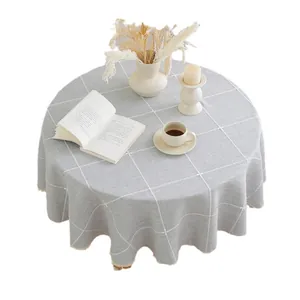 Nordic round tablecloth with grey checkered pattern and lace tassels for dining rooms