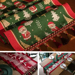 Festive Christmas Jacquard Table Runner With Tassels Reindeer Snowman Pattern Polyester Tablecloth For Holiday Home Dining Party Decor