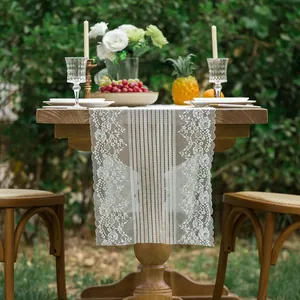 Runner da Tavolo in Pizzo Vintage Francese Con Ricamo Floreale Design Traforato a Strisce Per Matrimonio Festa Giardino Decorazione Tavola Bianco