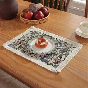 Vintage Floral Jacquard Placemat With Tassel Fringe Heat Insulated Polyester Botanical Pattern Boho Dining Table Decoration