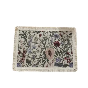 Retro sunflower floral woven placemat with tassels for vintage dining decor