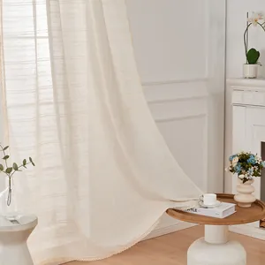 Rideau en Gaze de Lin Beige Style Français Avec Bord en Dentelle au Crochet Panneau Semi Occultant pour Fenêtre de Chambre Salon