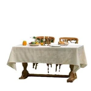 Linnen getextureerd beige rechthoekig tafelkleed voor eetkamer met verticaal streeppatroon