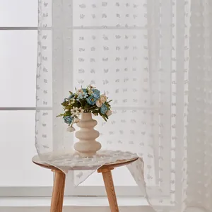 White Pom Pom Sheer Curtains Ruffled Voile Drapes Semi Shading Polyester Window Treatment For Living Room Bedroom Decor
