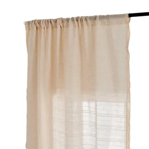 Rideau de porte semi-occultant en lin avec bordure en dentelle beige et passe-tringle