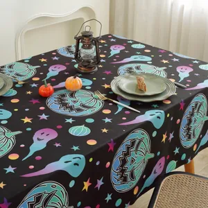 Halloween tablecloth with pumpkins and ghosts printed on black fabric for party decor