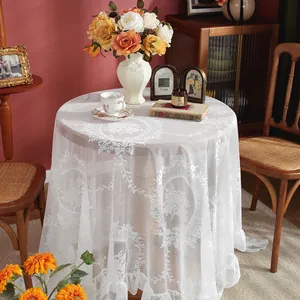 Elegant white floral lace tablecloth for small round tables with vintage ruffled edges